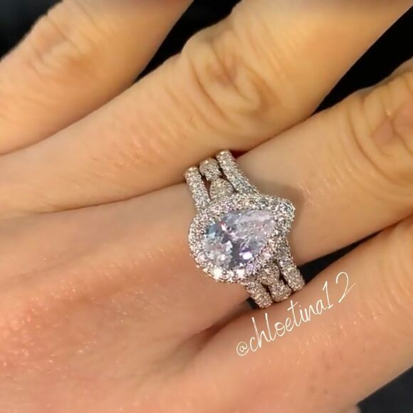 3 Ct Halo Pear Shape Wedding Engagement Band Enhancer Ring Set Sterling Silver - Picture 1 of 9